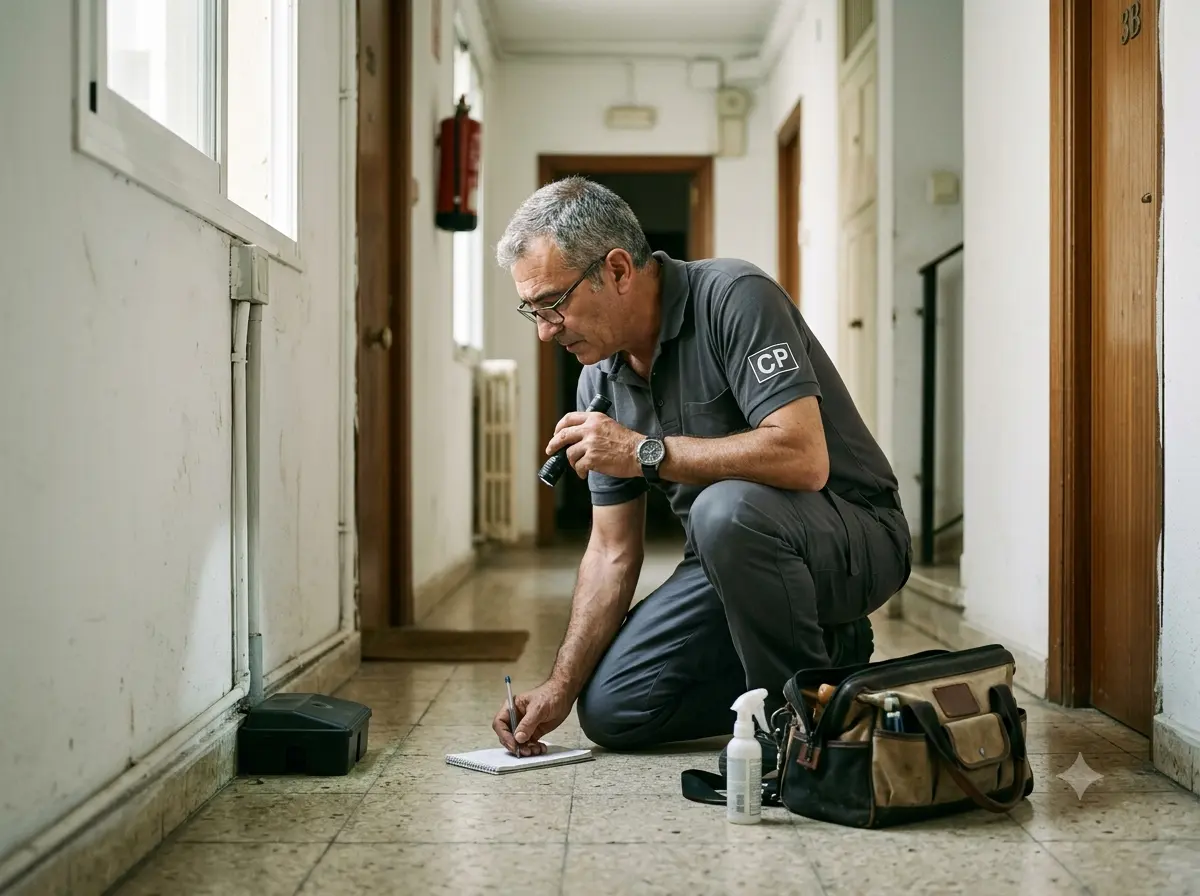 Profesional del control de plagas inspeccionando una vivienda en Leganés